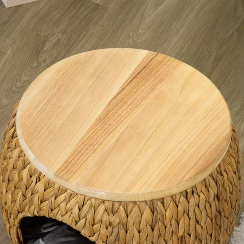 Rootz Water Hyacinth Grass Cat Cave - Rattan Cat House - Washable Cushion - Tan + Natural Wood + Grey - 44cm x 43cm x 42cm