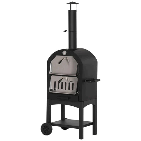 Rootz 2-in-1 Outdoor Pizza Oven With Rollers - Grill Oven With Protective Cover - Pizza Shovel - 2 Grill Nets - Grill Trolley With Chimney - 3-tier Wood-burning Oven For BBQ -  Steel - Black + Silver - 63 x 54 x 161 cm