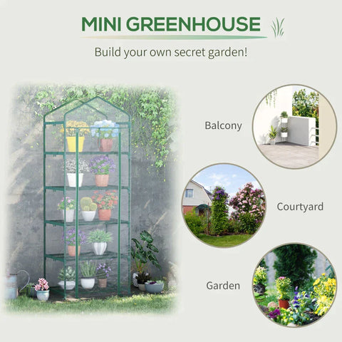 Rootz Foil Greenhouse - Mini Greenhouse With 5 Shelves For Growing Flowers Or Vegetables - Steel - Plastic - Transparent + Green - 69 x 49 x 193 cm