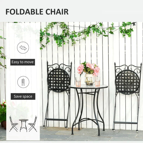 Rootz 3 Pcs Mosaic Tile Garden Bistro Set - garden seating group - Table - 2 Folding Chairs Set - Balcony - Grey