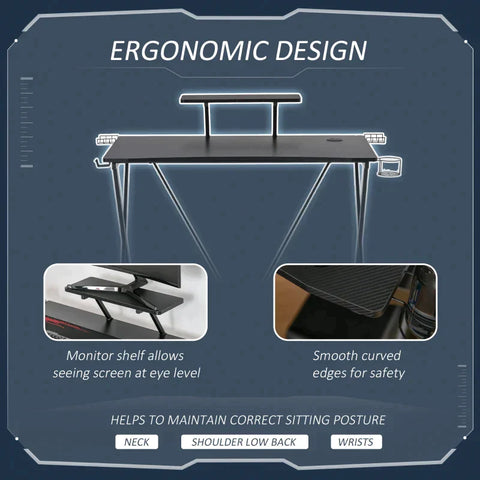 Rootz Gaming Desk - Gaming Table - Computer Desk - Writing Table - Black - 106 cm x 60 cm x 93.5 cm