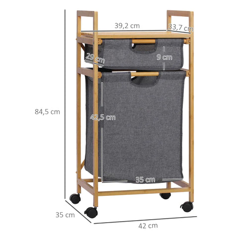 Rootz Laundry Basket - 1 Drawer - 1 Detachable Laundry Basket - 4 Wheels - Bamboo - Natural + Grey - 42cm x 35cm x 84.5cm