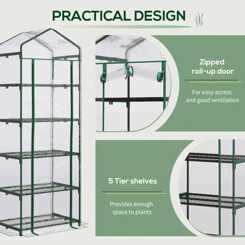 Rootz Foil Greenhouse - Mini Greenhouse With 5 Shelves For Growing Flowers Or Vegetables - Steel - Plastic - Transparent + Green - 69 x 49 x 193 cm