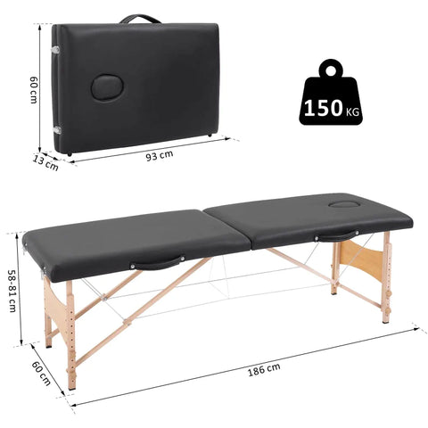 Rootz Massagetafel - Mobiele Massagetafel - In Hoogte Verstelbare Cosmetische Bank - Draagbare Spatafel - Professionele Massagetafel - Zacht En Comfort - Populierenhout - Zwart - 186 X 60 X 58-81 Cm