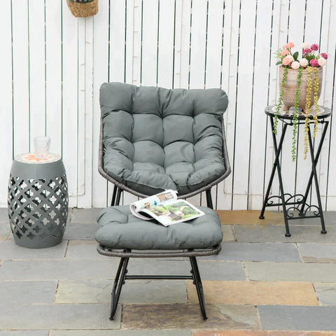 Rootz Rattan Relax Chair with Footstool - Garden Chair - Outdoor Rattan Chair with Cushion - Steel - Polyester - Grey - 69 x 76 x 70 cm