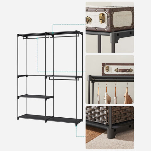Rootz Kledingkast - Open Kledingkast - Open Kastsystemen - Walk-in Closet Organizer - Vrijstaande Open Kledingkast - Staal - Kunststof - Zwart - 43 x 138 x 182 cm (D x B x H)
