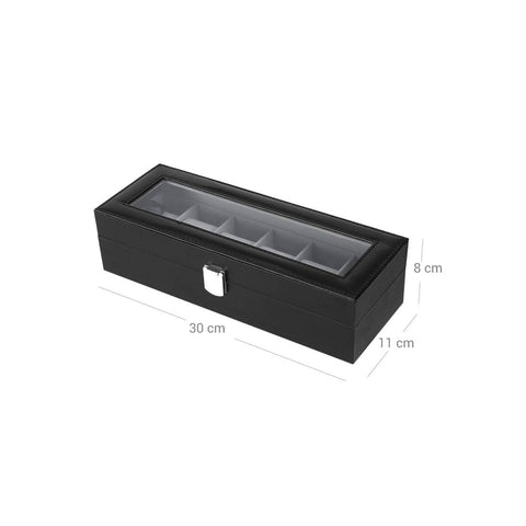 Rootz Watch Box - With Glass Lid And Lock - Glass-top Watch Organizer - Display Case For 6 Watches - MDF - Velvet - PU - Glass - Black-Gray - 30 x 11.2 x 8 cm (L x W x H)
