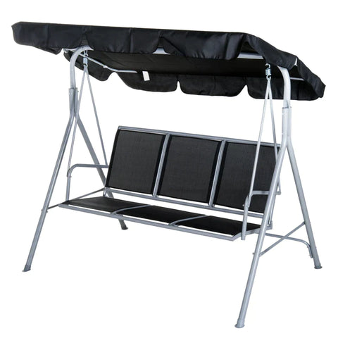 Rootz 3-seater Swing Chair - Garden Swing Bench With Roof - Hollywood Swing - Metal - Polyester - Loop Cloth - Black + Silver - 171 x 108 x 154 cm