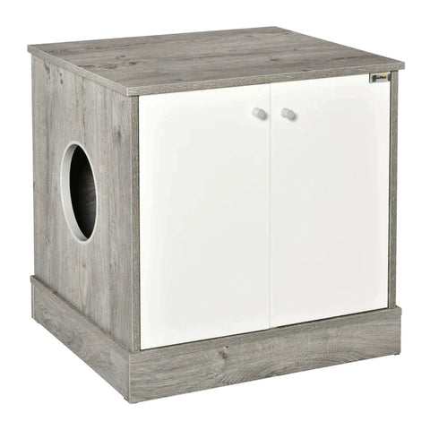 Rootz Cat Cabinet for Litter Box - Litter Box - Side Table - Cat House with Door -  Bedside Table - Grey Oak + White - 60 x 55 x 62.5 cm