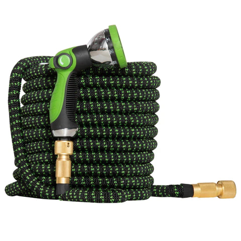 Rootz Flexibler Gartenschlauch – 22,5 m mit 10 Funktionen Sprühdüse – Wasserschlauch mit 1/2 Zoll – 3/4 Zoll Anschlussschlauch dehnbar für Autowäsche – Dunkelgrün + Schwarz