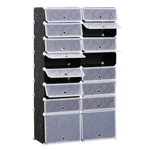 Rootz Schoenenkast - Schoenenrek - Organizer - Kledingkast - Vakkenkast - 16 Cubes - PP - Zwart - Wit - 95x37x160 cm