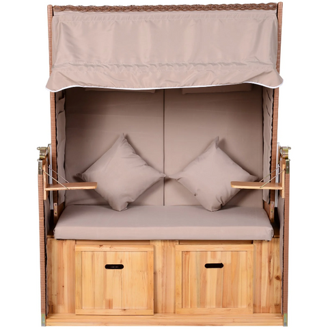 Rootz Strandstuhl – Loungesessel – Liege – Getränkehalter – Fußstütze – Baldachin – verstellbare Rückenlehne – Rattan – Braun – Metall – Holz – 118 x 79 x 150 cm