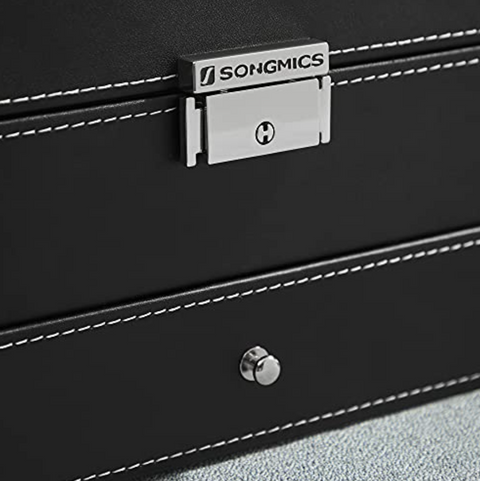 Rootz Uhrenbox – Uhren-Organizer – 2 Ebenen – 12 Fächer – 1 Schublade – Glasdeckel – Schwarz – Kunstleder – 32,5 x 19,5 x 11,5 cm