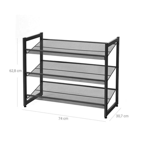 Rootz Shoe Rack - 3 Tier Metal Shoe Rack - Shoe Storage Rack - Stylish Footwear Rack - Adjustable Shoe Rack - Multi-tiered Shoe Shelf - Powder-coated Iron Pipes - Black - 74 x 30.7 x 62.8 cm (L x W x H)