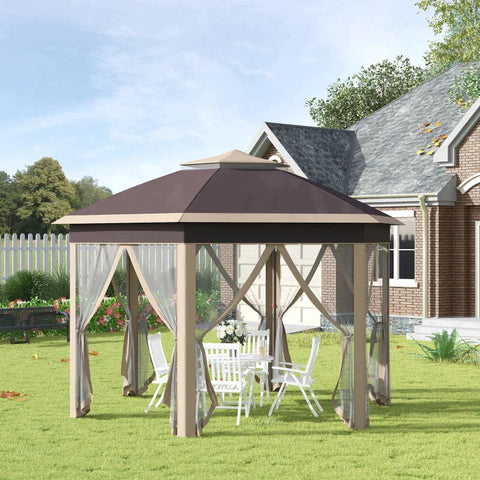 Rootz Gazebo - Garden Gazebo - Folding Gazebo - Pop-up Tent - Party Tent - 6 Side Panels -  Double Roof - Hexagonal - Beige + Khaki - 405L x 405W x 285H cm