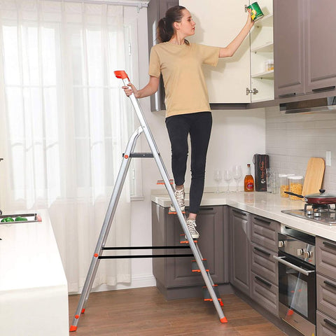 Rootz Stepladder - Stepladder With 6 Steps - Folding Stepladder - Step Stool - Aluminum Stepladder - Portable Stepladder - Multi-purpose Stepladder - Heavy-duty Stepladder - Metallic Gray + Black + Orange - 48.5 x 12 x 202 cm (L x W x H).