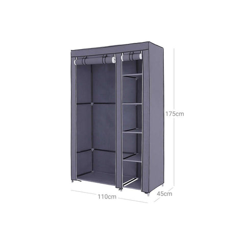 Rootz Wardrobe - Fabric Wardrobe - Foldable Wardrobe - With Clothes Rails - Fabric Wardrobe Storage - Textile Storage - Fleece Fabric - Gray - 110 x 175 x 45 cm (W x H x D)