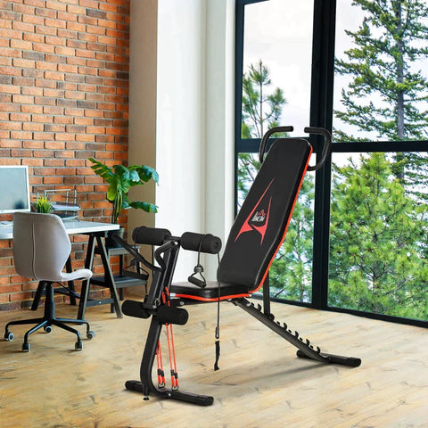 Rootz Weight Bench - Adjustable Training Bench With Elastic Rope - Sit-up Bench For Home Training - 6 Levels - Backrest Incline - Weight Up To 150 Kg - Synthetic Leather - Black And Red - 145 x 49 x 57-127 cm