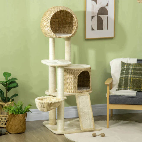 Rootz Scratching Post - Cat Tree - With Cat House - Multiple Platforms - Hammock - Scratch Mat - Anti-tips - Beige - 60 x 60 x 150cm