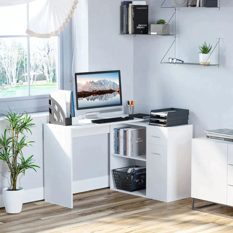 Rootz L-Shaped Desk - Computer Desk - Corner Desk - Storage Shelf And Drawer - White - 117x82x74 Cm