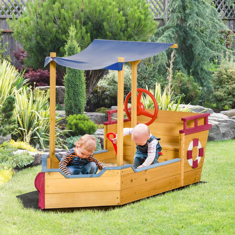 Rootz Sandkasten – Schiffsdesign-Schlammkasten – Segelschiff aus Holz mit Bank – Fahnenmast – Piratenschiff für Kinder – Sandkasten für den Garten – Outdoor-Sandkasten – Orange – 160 x 70 x 103 cm