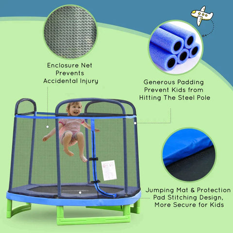 Rootz Kindertrampolin – Kindertrampolin mit Sicherheitsnetz – Kleinkindtrampolin für drinnen und draußen – Fitnesstrampolin – Gartentrampolin – Blau/Grün – 215 x 200 x 190 cm