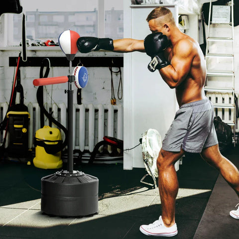 Rootz Boxing Stand - Height Adjustable - Reflex Bar - Claw - Speedball - Fillable Base - Black + Red + Blue - 80.5 x 48 x 163-205 cm
