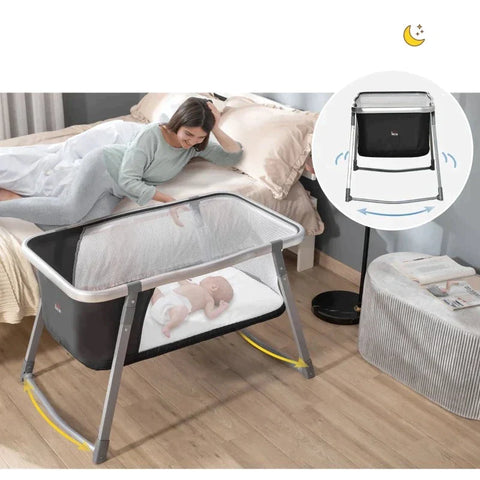 Rootz Babybett – Reisebett – Babywiege – Laufstall – faltbar – mit Matratze – Aluminium/Stahl/Netz/Kunststoff – Schwarz + Weiß – 99,5 x 60,4 x 65 cm