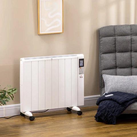 Rootz Electric Heater - 2 Heating Levels With Castors - Wall Mounting Possible - Quiet Operation - White - 75 x 7.5 x 58.5 cm