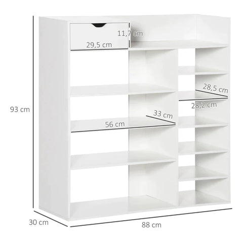 Rootz Shoe Cabinet - Shoe Cabinet With 1 Drawer For 18 Pairs Of Shoes - MDF - White - 88 x 30 x 93 cm