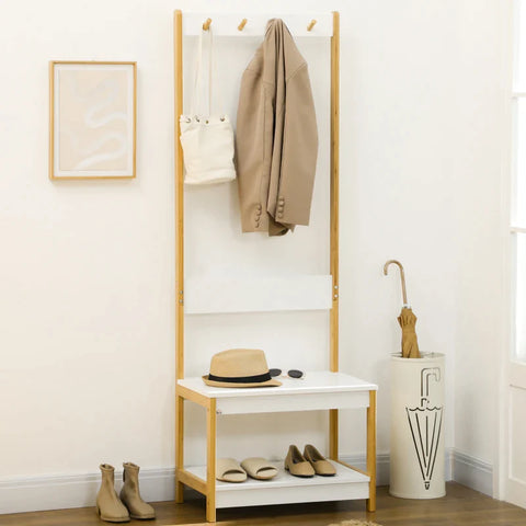 Rootz Wardrobe With Shoe Bench - 3 Pairs Of Shoes - 4 Coat Hooks - MDF + Bamboo - Natural + White - 61L x 40W x 172H cm