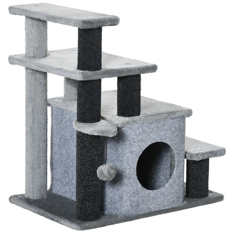 Rootz Scratching Post - Animal Stairs - 4 Steps - Play Ball - House - Height Adjustable - Black + Gray - 60 x 40 x 66 cm
