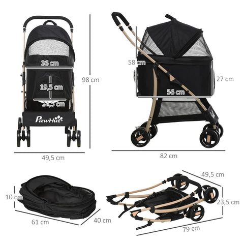 Rootz 2-in-1 Folding Dog Stroller - Transport Basket - Carrying Bag with Universal Wheel - 1 Basket - 1 Bag - Canopy Basket - Black - 82cm x 49.5cm x 98cm