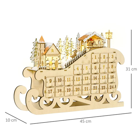 Rootz Kerstadventskalender - Kerstkalender met LED-verlichting - Met 24 ladevakken - Kerstdecoratie - DIY Multiplex Board - Natuurlijk Hout - 45 x 10 x 31 cm
