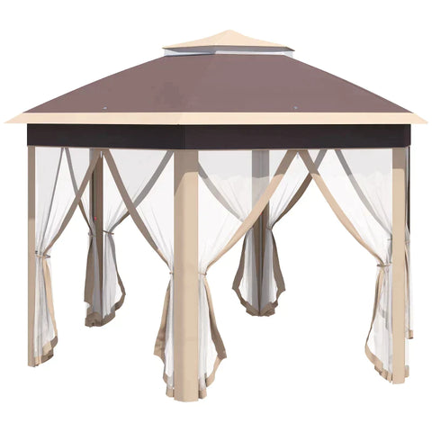 Rootz Gazebo - Garden Gazebo - Folding Gazebo - Pop-up Tent - Party Tent - 6 Side Panels -  Double Roof - Hexagonal - Beige + Khaki - 405L x 405W x 285H cm