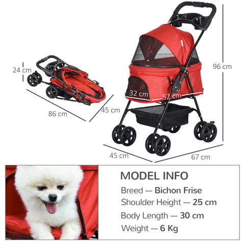Rootz Pet Stroller - Foldable Cat Dog Pushchair - Pet Travel Carriage with 4 Wheels - Adjustable Canopy - Safety Leashes - Storage Basket and Cup Holder for Small Dogs - Red - 67 x 45 x 96 cm