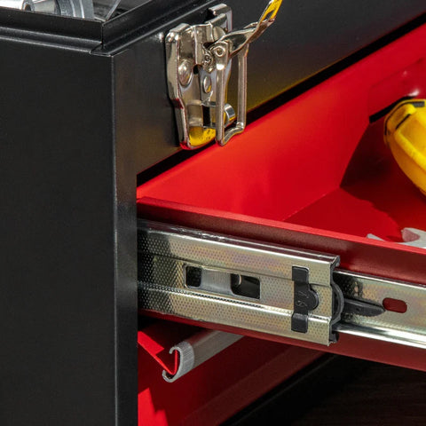 Rootz Tool Chest - Lockable Metal - Tool Box - Ball Bearing Runners - 2 Drawer - Portable Toolbox - steel Housing - Black+red - 460mm x 240mm x 220mm
