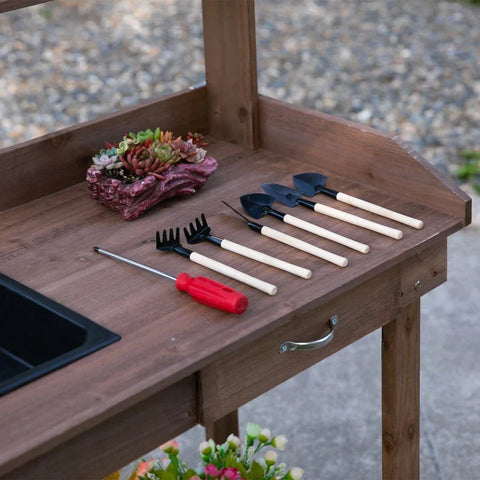 Rootz Planting Table - Wooden Planting Table With Drawer - 2 Removable Wheels - Brown - 92 cm x 45 cm x 119 cm