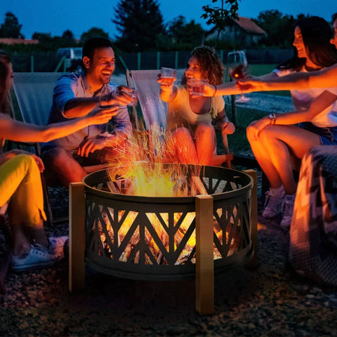 Rootz 2-in-1-Feuerstelle – Feuerstelle mit Funkenschutz – Feuerstelle mit Grillkochen – Grillrost – Garten – BBQ – Schwarz/Braun – Ф78 x 60H cm