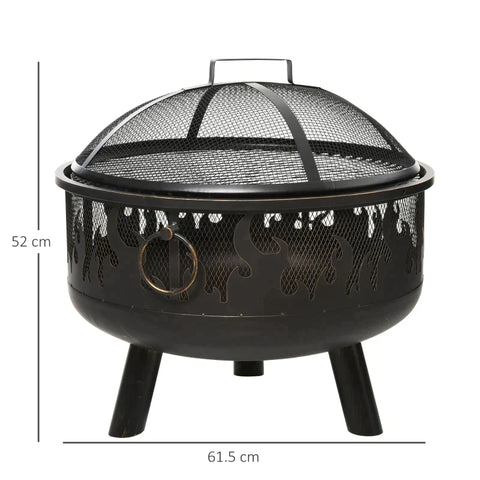 Rootz 2-in-1-Feuerstelle – Feuerstelle mit Funkenschutz – Feuerstelle mit Grillkochen – Grillrost – Garten – BBQ – Schwarz – Ø61,5 x 52 H cm