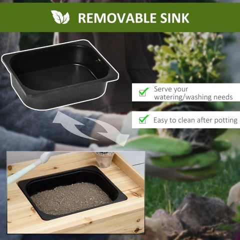 Rootz Planting Table - Gardening Table with Wash Basin - Wooden Flower Table with Drawer - Hook - Basket - Shelf - Garden - Terrace - Natural - 107.5 x 46 x 142 cm