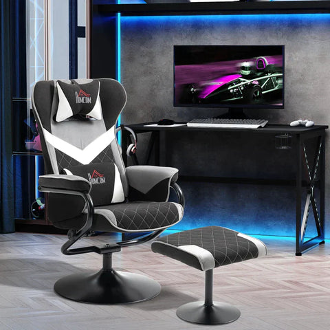 Rootz Relax Chair – Entspannungsstuhl – Gaming-Stuhl – mit Hocker – neigbare Rückenlehne – drehbarer Sitz – Polyester/Schaum/Metall – Schwarz/Grau – 67 x 78,5 x 102,5 cm