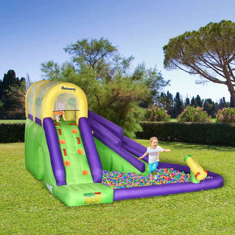 Rootz Aufblasbare Hüpfburg – Aufblasbare Burg – Mit Ventilator, Hüpfburg – Mit Wasserpark – Kletterwand-Trampolin – Für Kinder von 3 bis 8 Jahren – Grün/Lila/Gelb – 395 x 355 x 235 cm