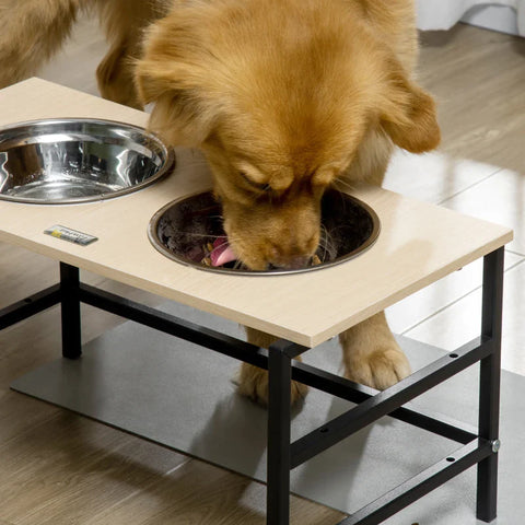 Rootz Feeding Station - 2 Removable Feeding Bowls - Height Adjustable - Bowl Base - Natural + Black + Silver - 60L x 33W x 31.5H cm