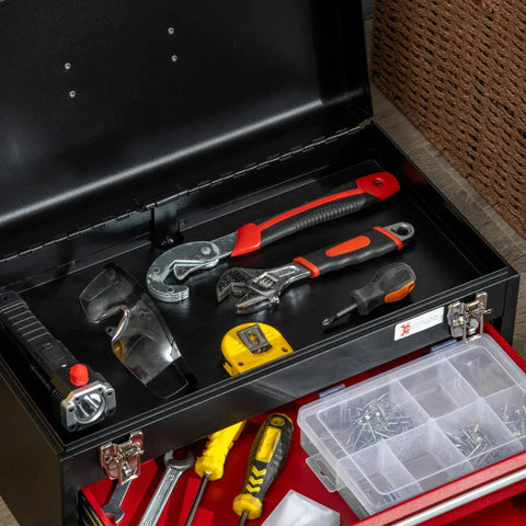 Rootz Tool Chest - Lockable Metal - Tool Box - Ball Bearing Runners - 2 Drawer - Portable Toolbox - steel Housing - Black+red - 460mm x 240mm x 220mm