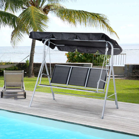 Rootz 3-seater Swing Chair - Garden Swing Bench With Roof - Hollywood Swing - Metal - Polyester - Loop Cloth - Black + Silver - 171 x 108 x 154 cm