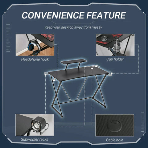 Rootz Gaming Desk - Gaming Table - Computer Desk - Writing Table - Black - 106 cm x 60 cm x 93.5 cm
