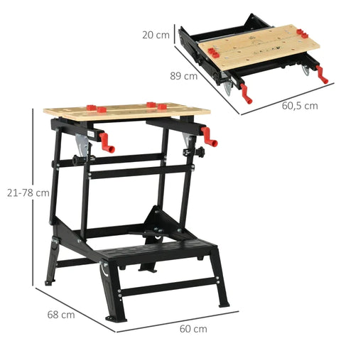 Rootz Werkbank - Werktafel - Draagbare Werkbank - In Hoogte Verstelbaar - Metaal - Bamboe - Natuurlijk Hout + Zwart + Rood - 68 cm x 60 cm x 78 cm