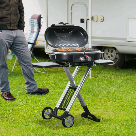 Rootz Gas BBQ Grill - Foldable Gas Bbq Grill - Gas Grill - BBQ Grill - With 2 Burners Grill Net - Aluminium Alloy/Stainless Steel - Black/Silver - 100 x 41.6 x 82.5 cm