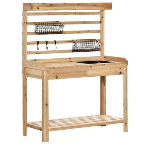 Rootz Planting Table - Gardening Table with Wash Basin - Wooden Flower Table with Drawer - Hook - Basket - Shelf - Garden - Terrace - Natural - 107.5 x 46 x 142 cm